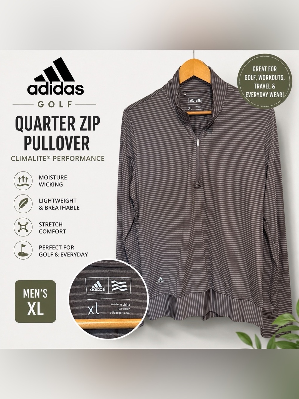 Adidas Golf Climalite Gray Striped Quarter Zip Pullover XL Lightweight